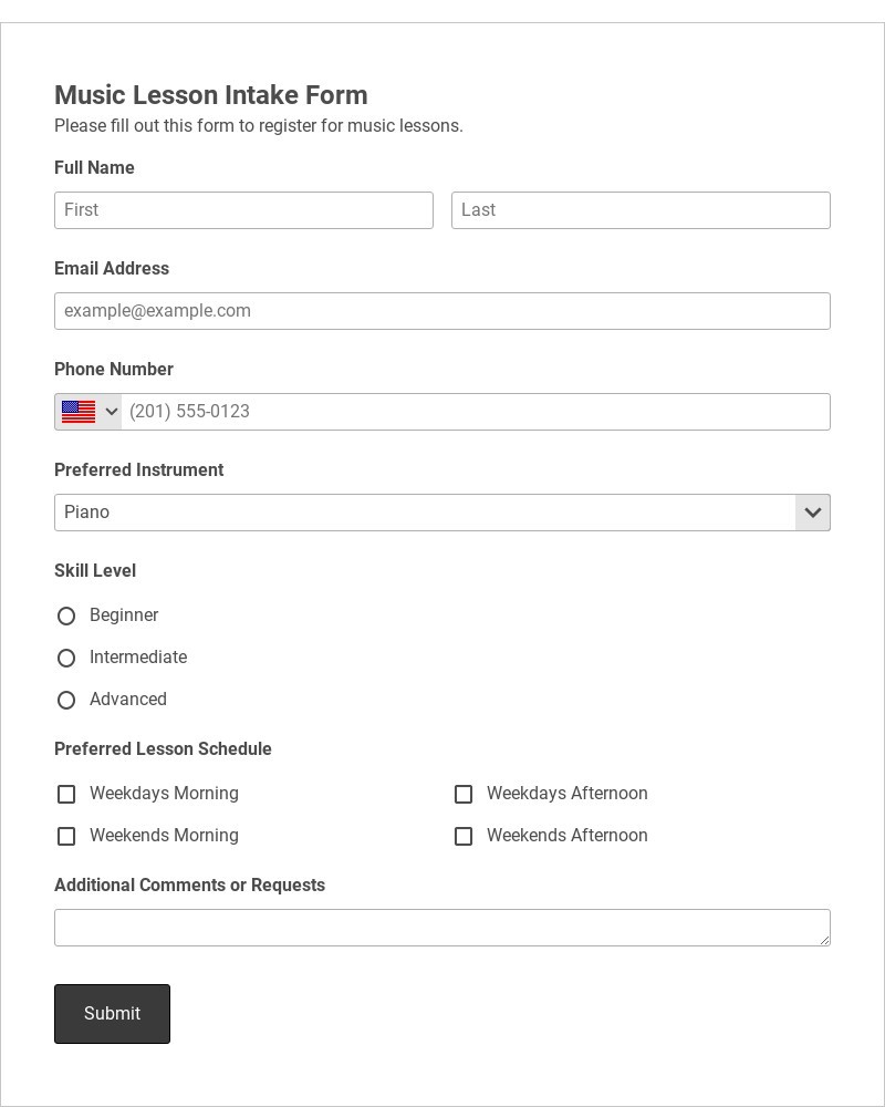 Music Lesson Intake Form Template