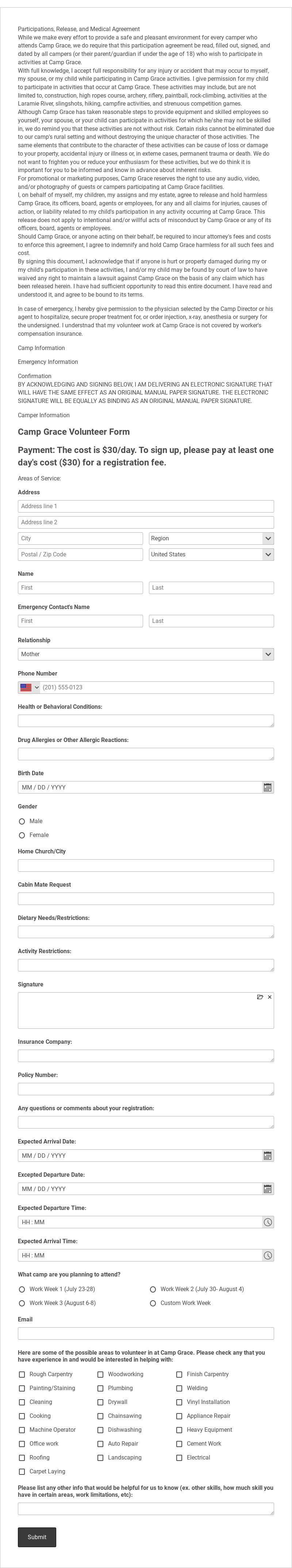 Camp Volunteer Registration Template