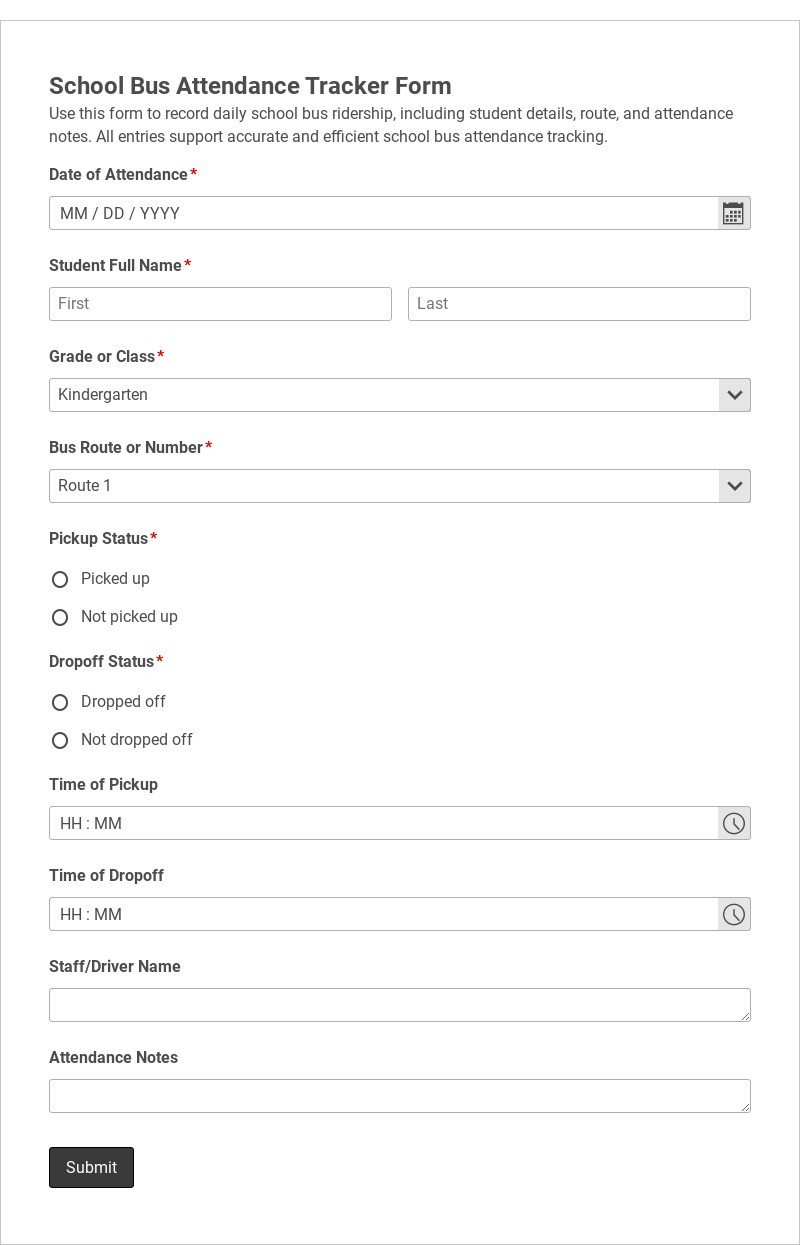 School Bus Attendance Tracker Form Template