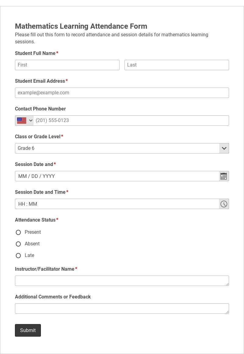 Mathematics Learning Attendance Form Template form template