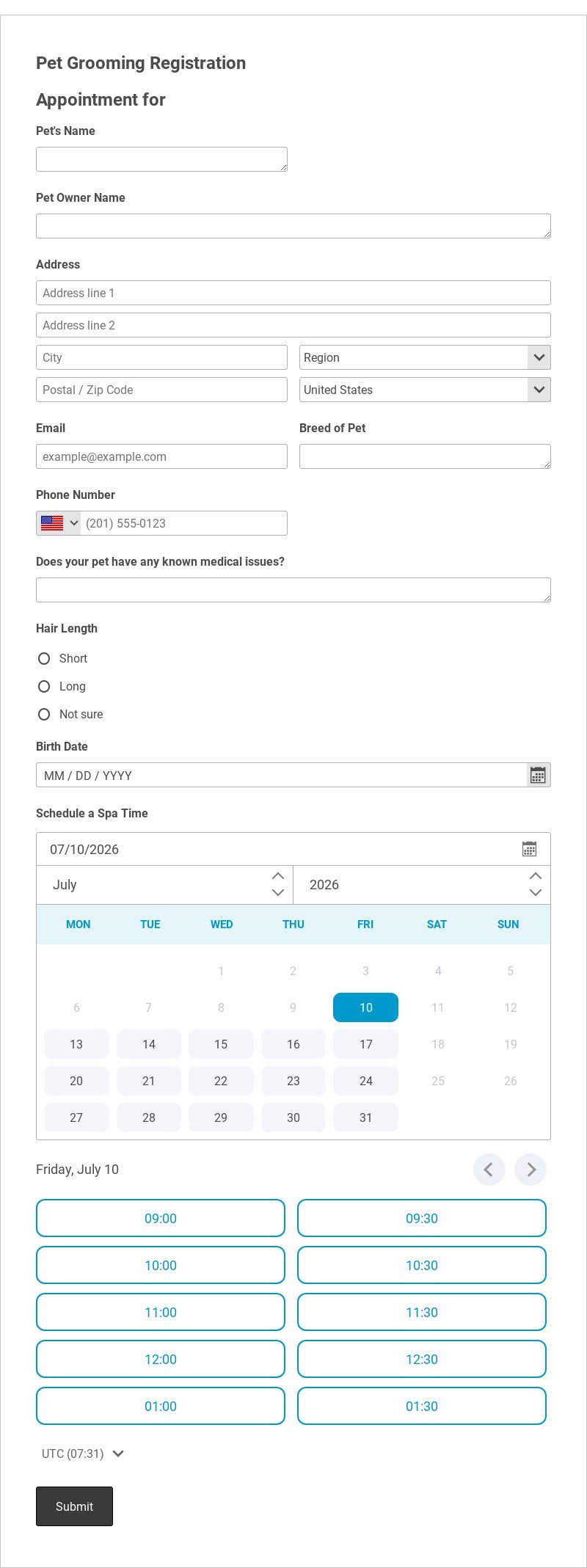 Pet Grooming Registration Form Template form template