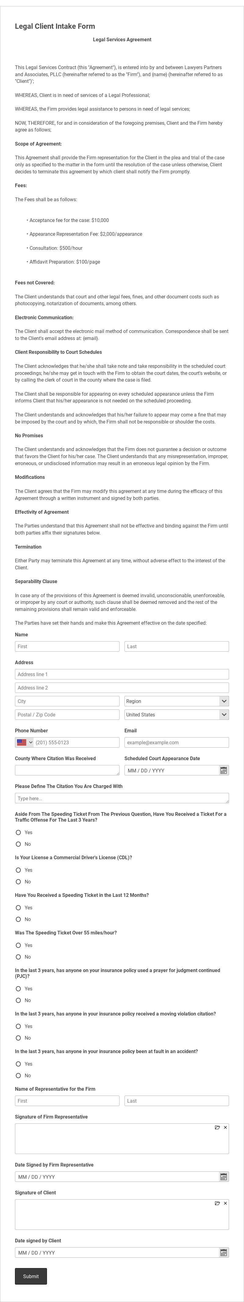 Legal Client Intake Form Template form template