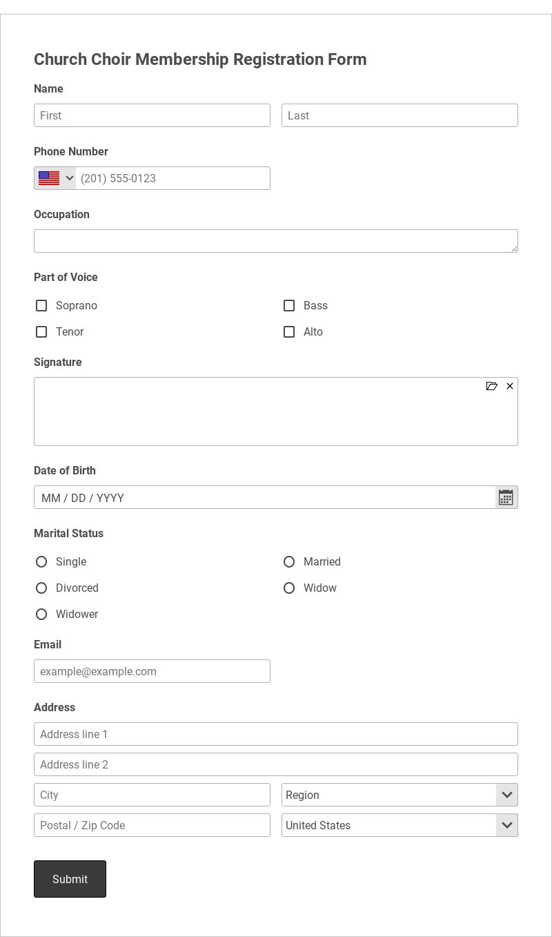 Church Choir Membership Registration Form Template form template
