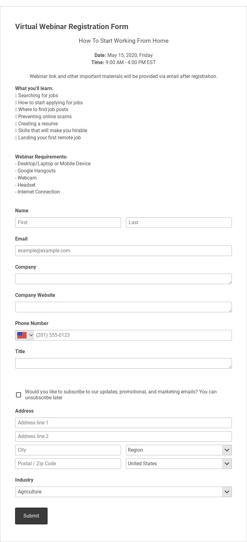 Virtual Webinar Registration Form Template form template