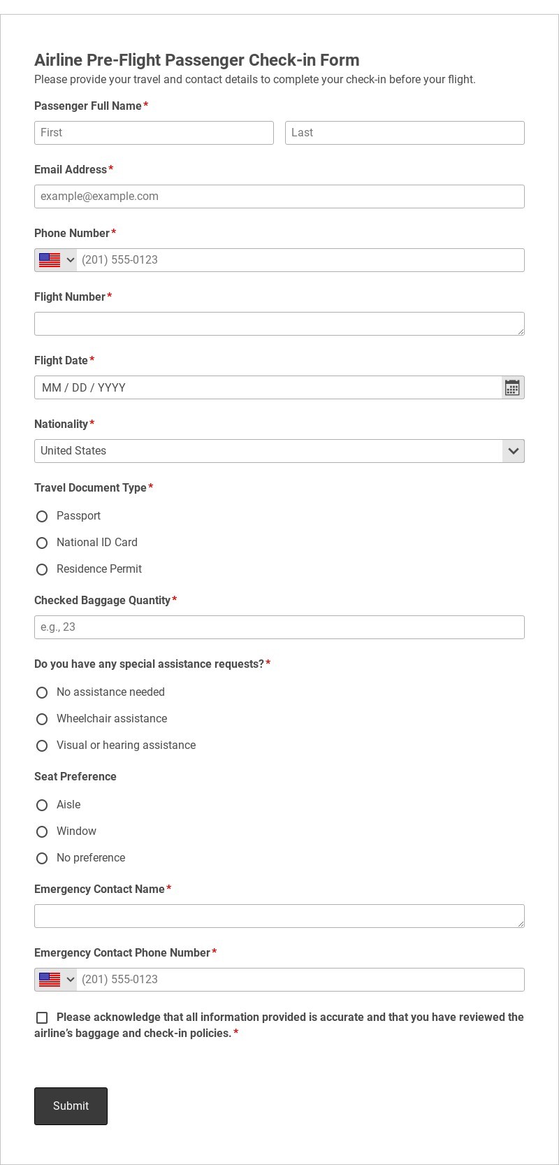 Airline Pre-Flight Passenger Check-in Form Template form template