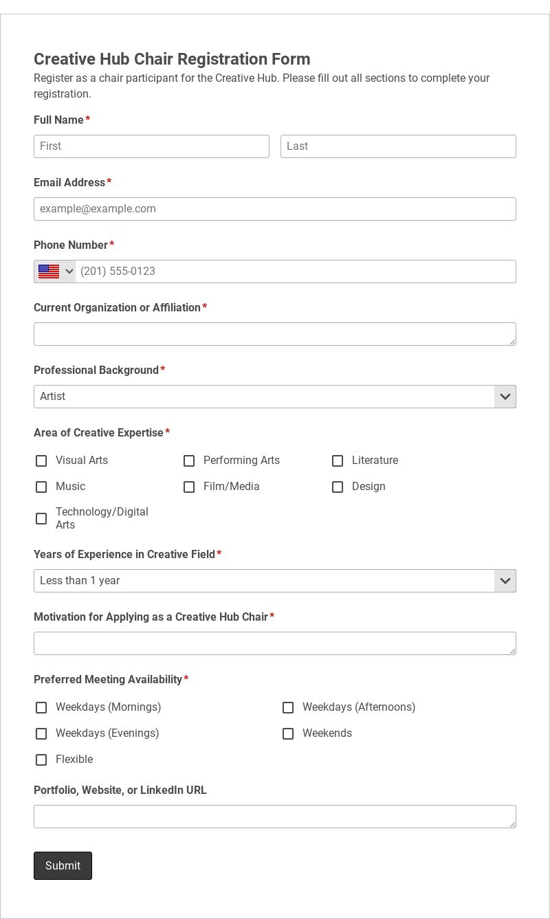 Creative Hub Chair Registration Form Template form template