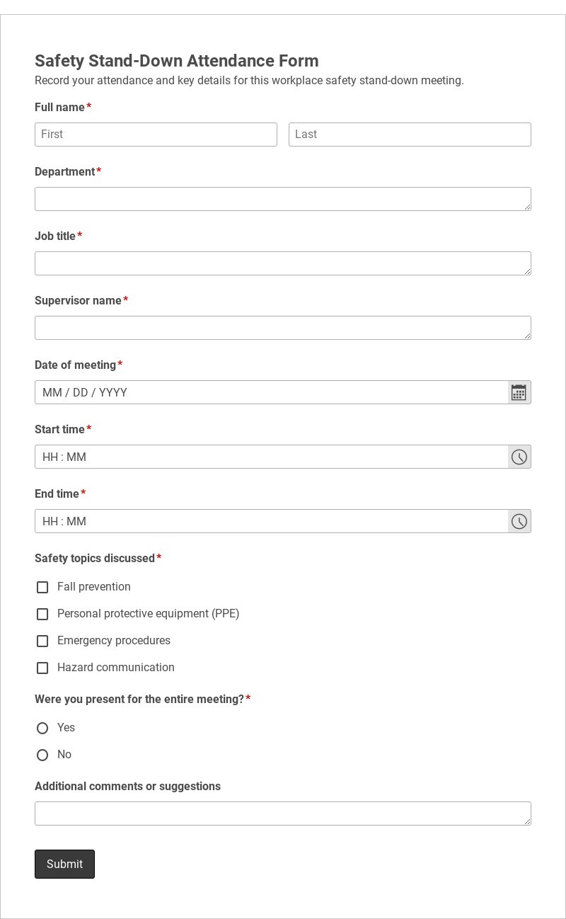 Safety Stand-Down Attendance Form Template