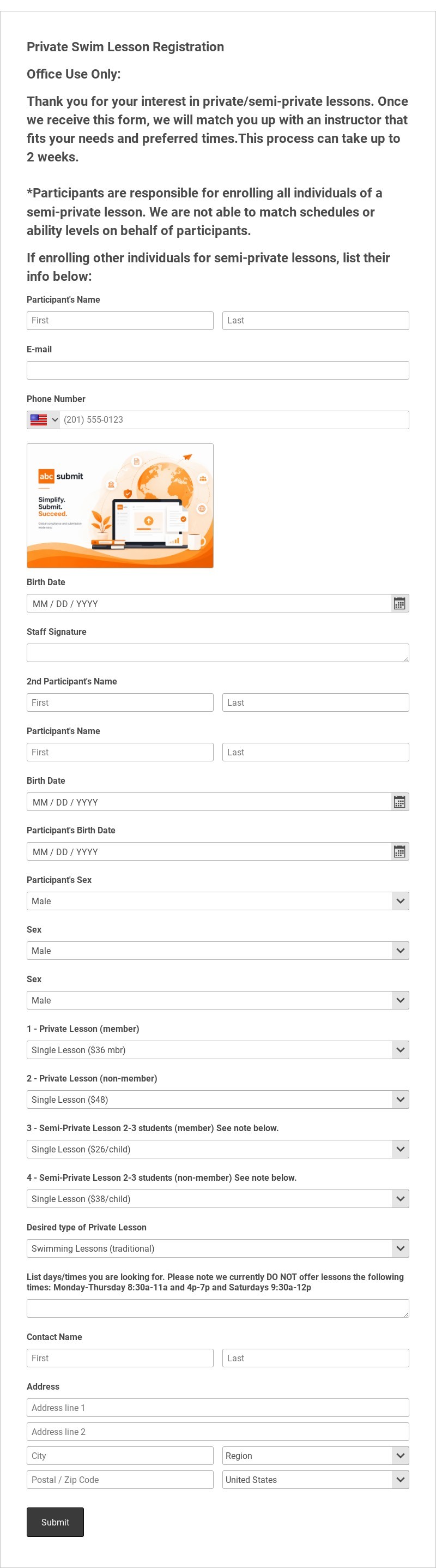 Private Swim Lesson Registration Form Template