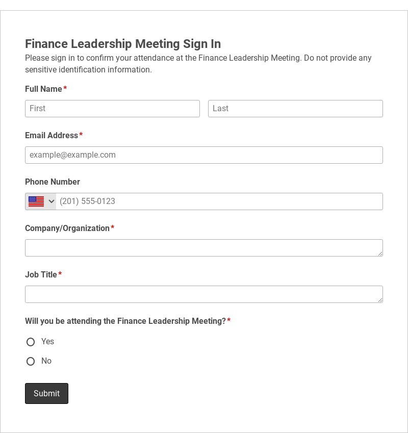 Finance Leadership Meeting Sign In Template form template