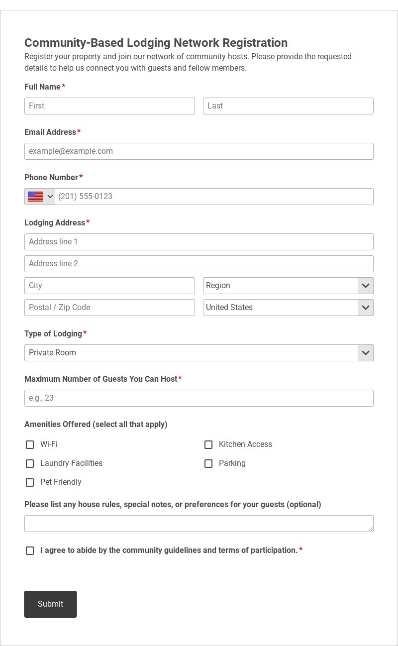 Community-Based Lodging Network Registration Template form template