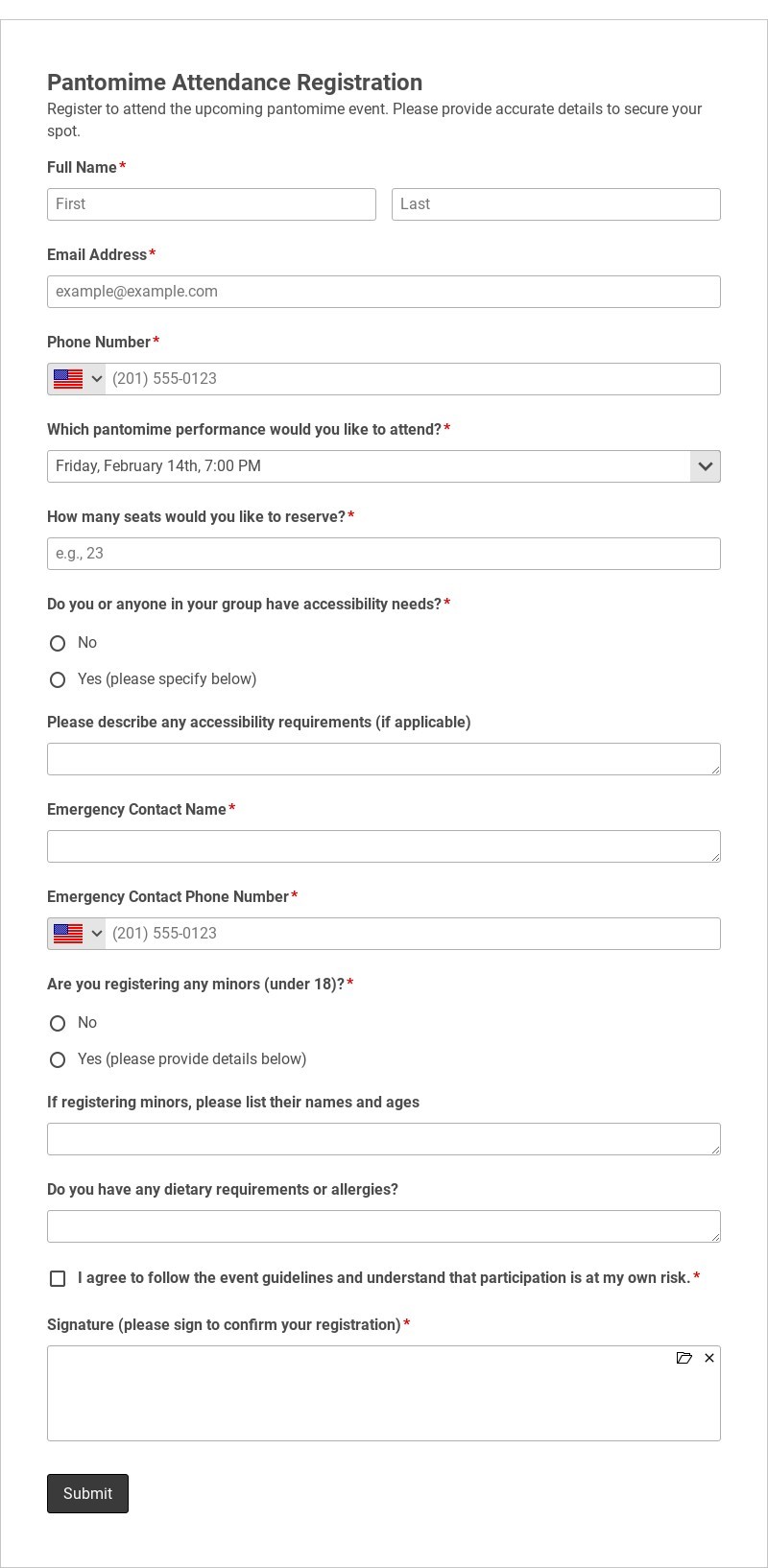 Pantomime Attendance Registration Template