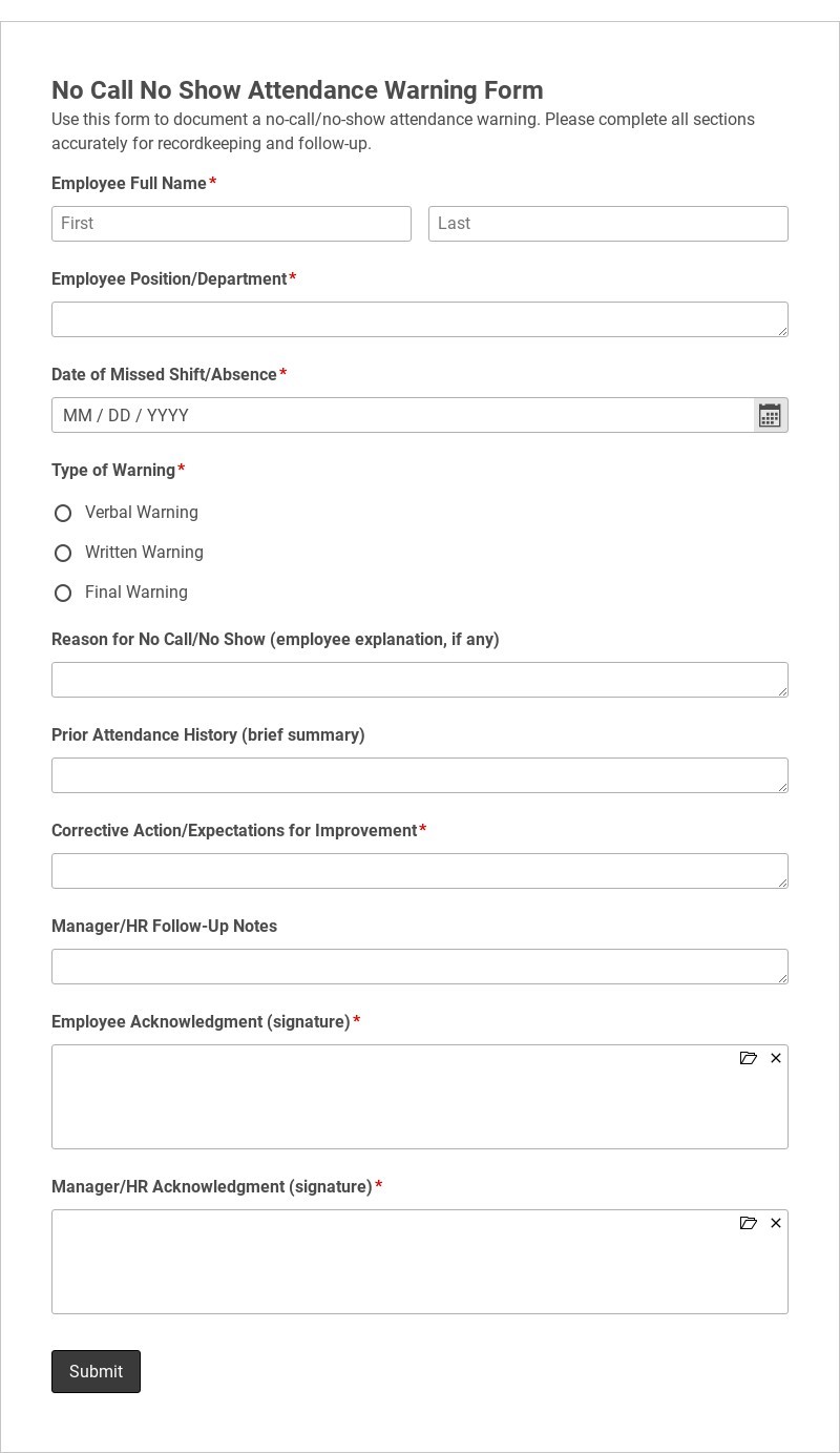 No Call No Show Attendance Warning Form Template