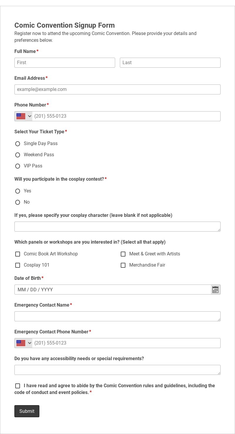 Comic Convention Signup Form Template form template
