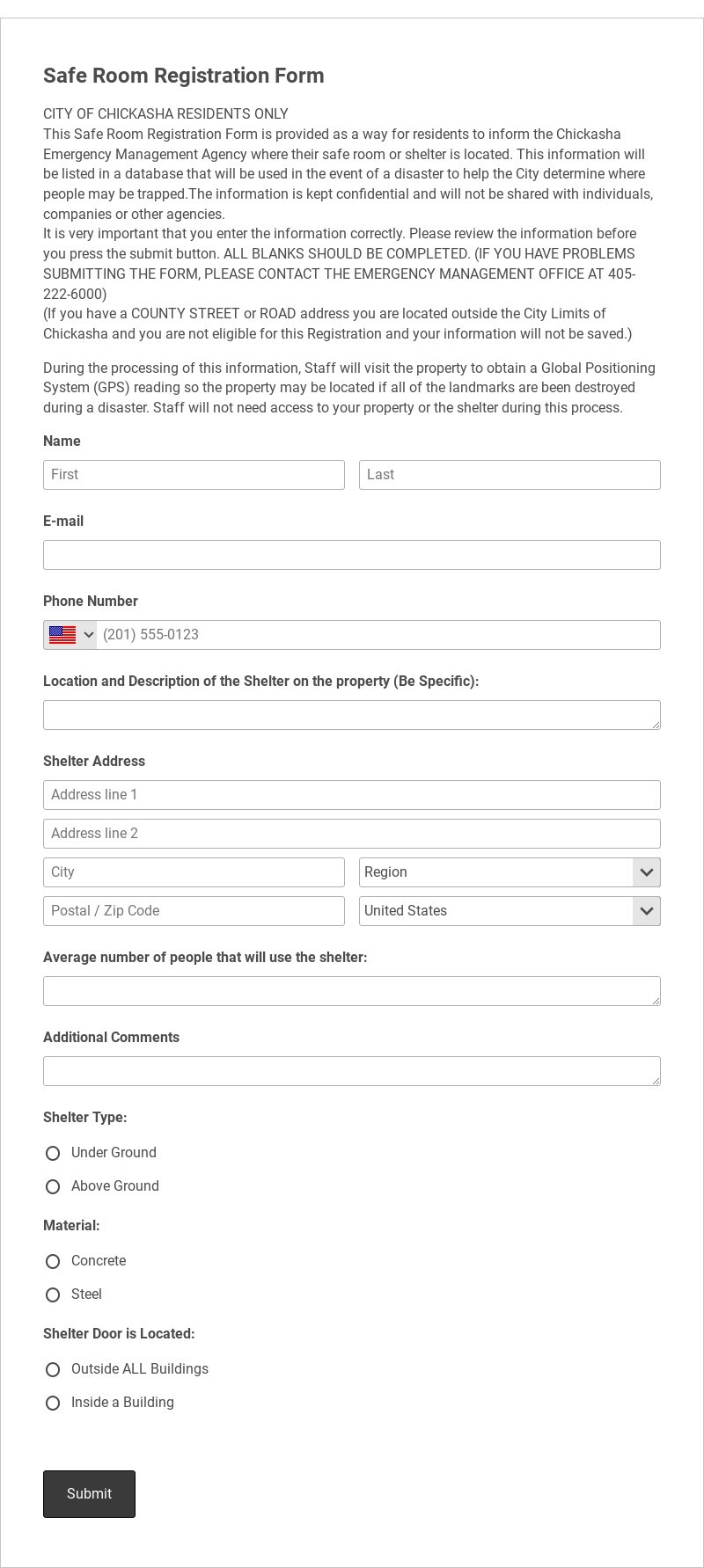 Safe Room Registration Form Template form template