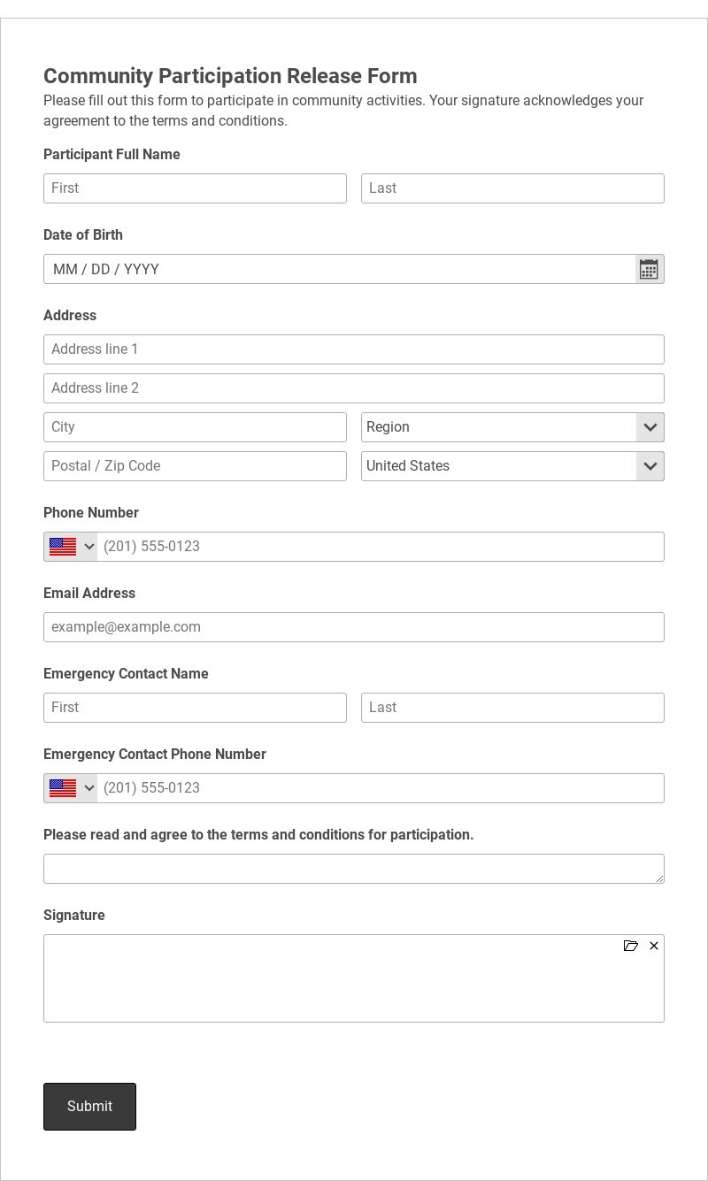 Community Participation Release Form Template form template