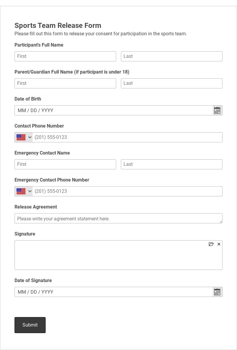 Sports Team Release Form Template form template