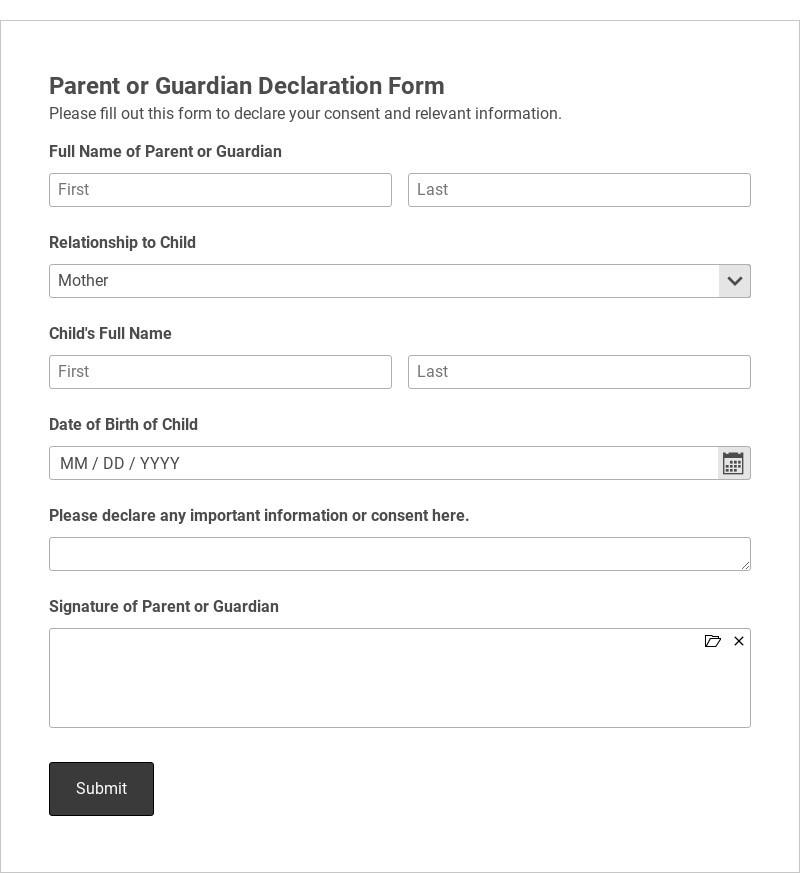 Parent or Guardian Declaration Form Template form template