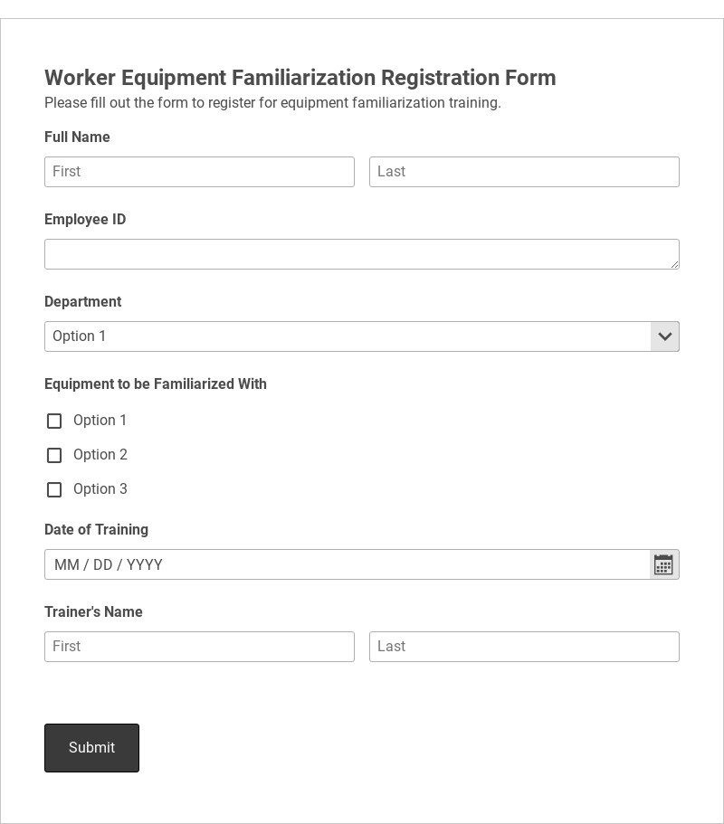 Worker Equipment Familiarization Registration Form Template form template