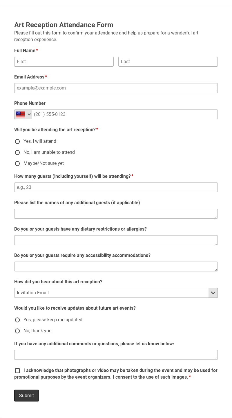 Art Reception Attendance Form Template