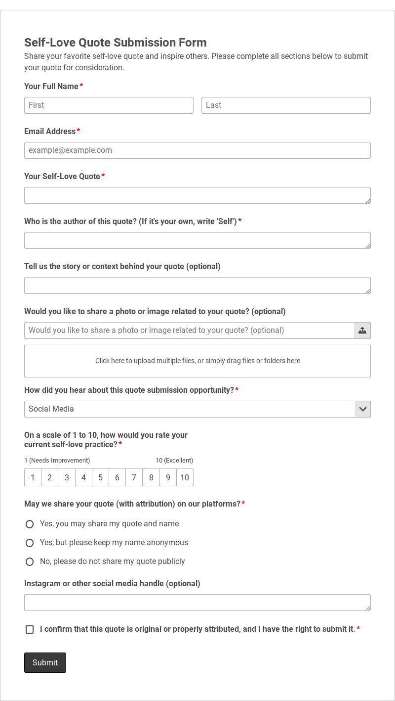 Self-Love Quote Submission Form Template form template