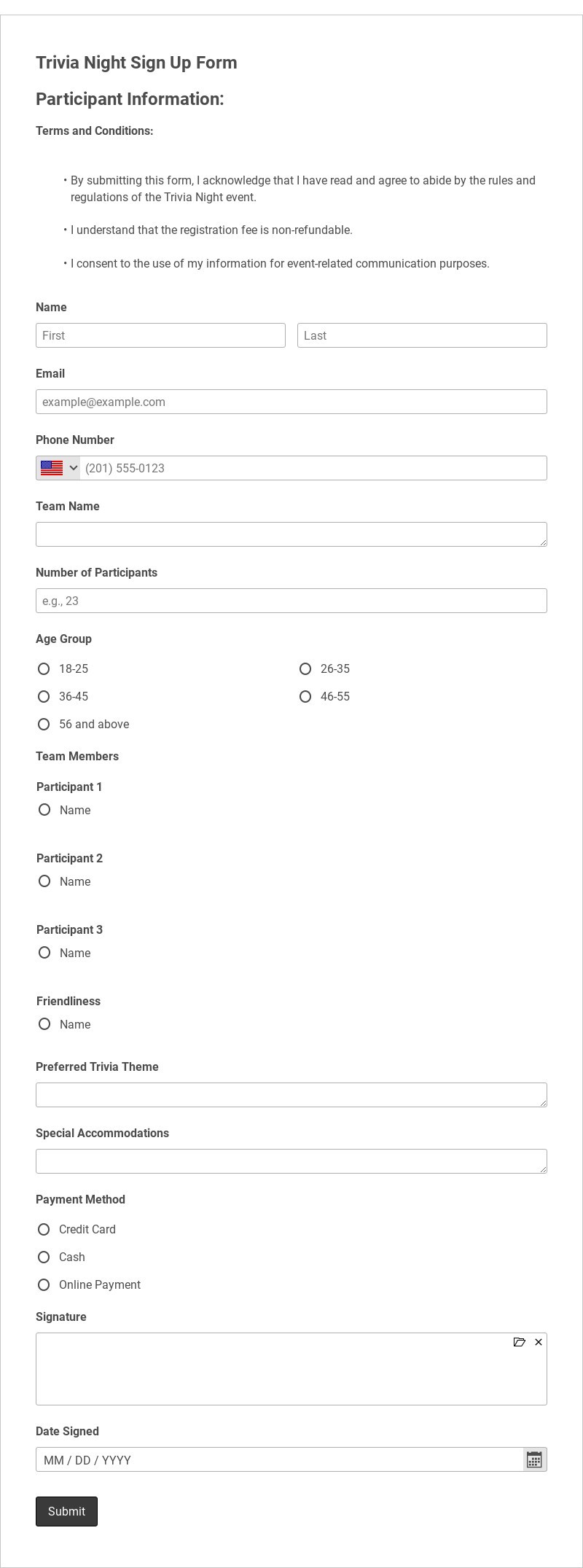 Trivia Night Sign Up Form Template