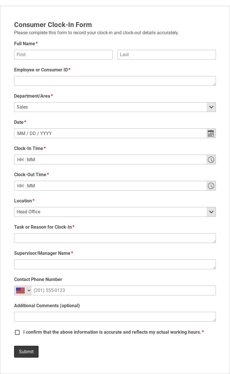 Consumer Clock-In Form Template form template