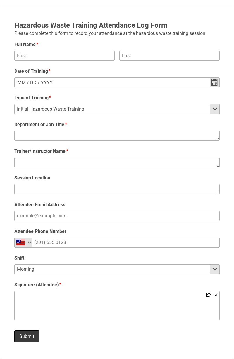 Hazardous Waste Training Attendance Log Template form template