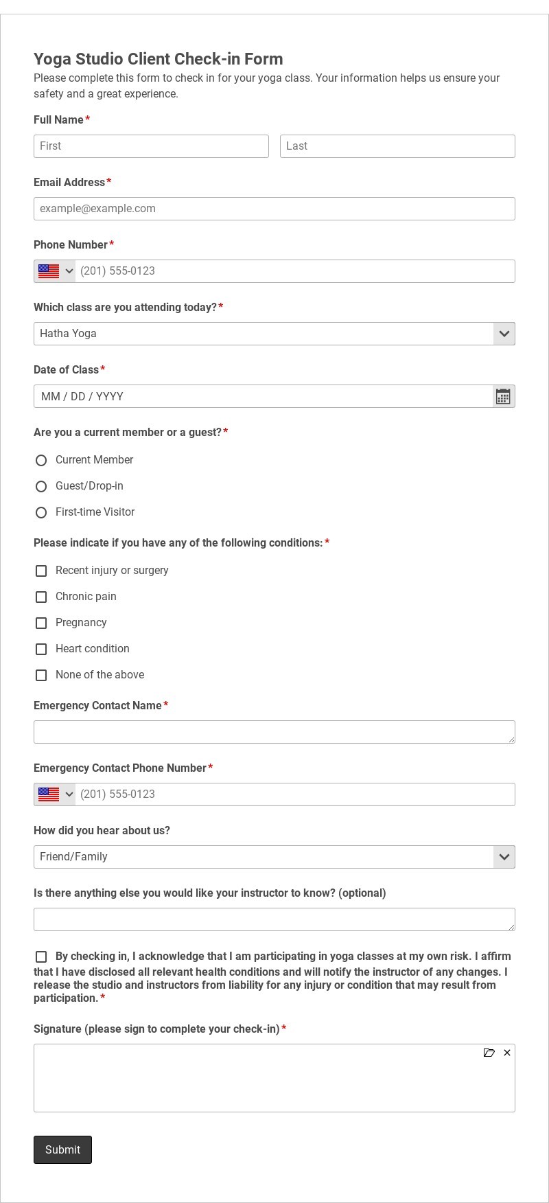 Yoga Studio Client Check-in Form