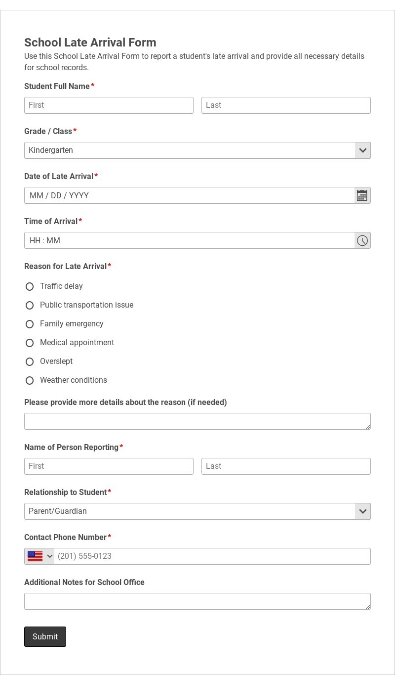 School Late Arrival Form Template