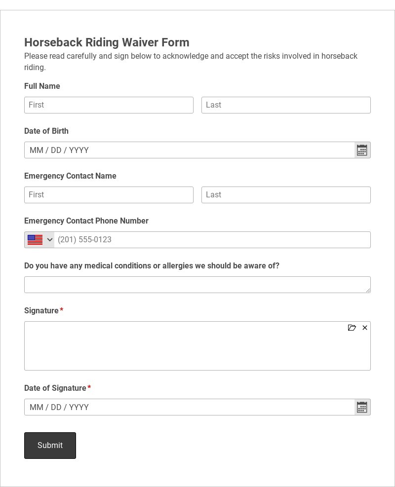 Horseback Riding Waiver Form Template form template