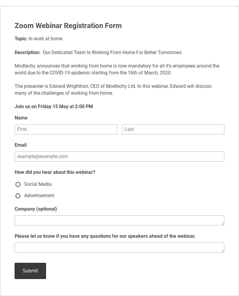 Zoom Webinar Registration Form Template form template