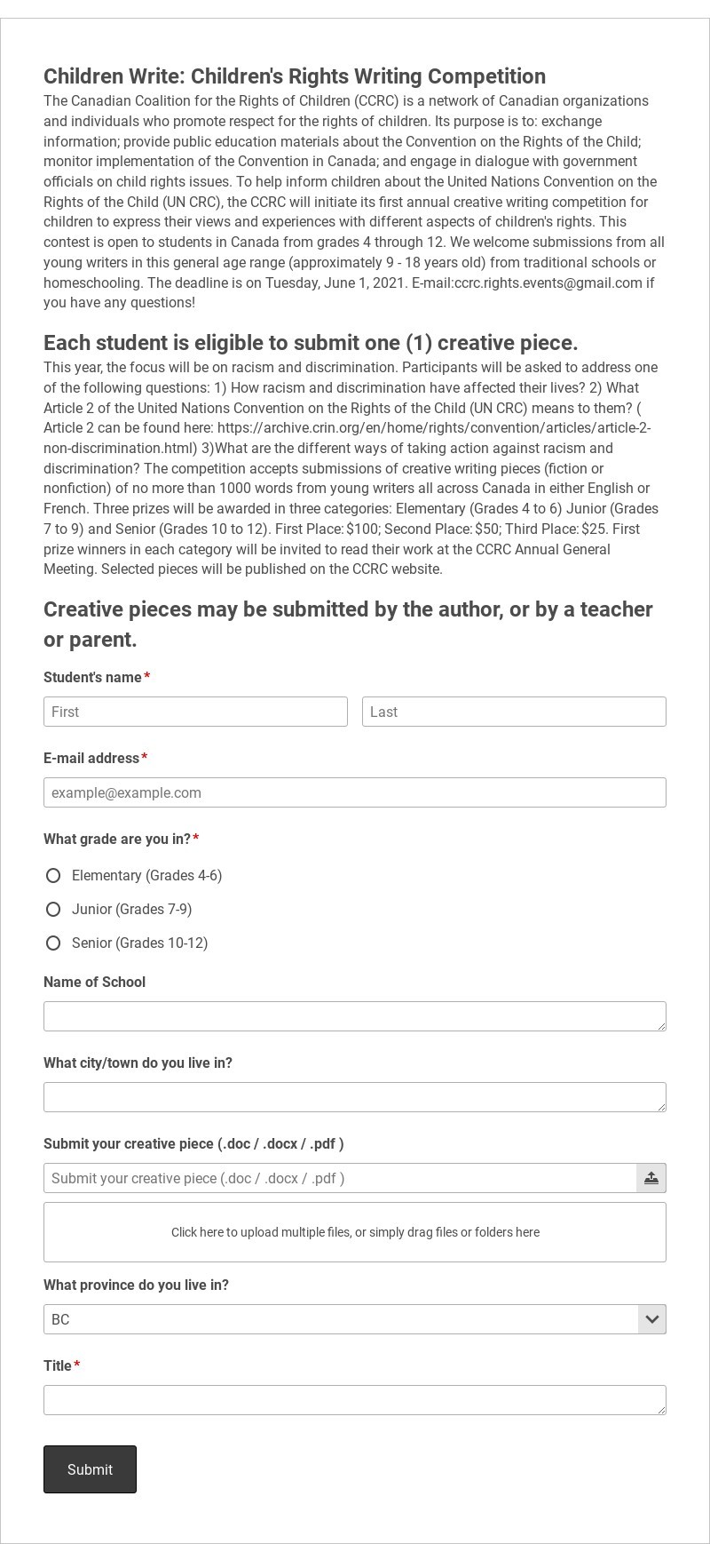 Student Writing Competition Registration Form Template