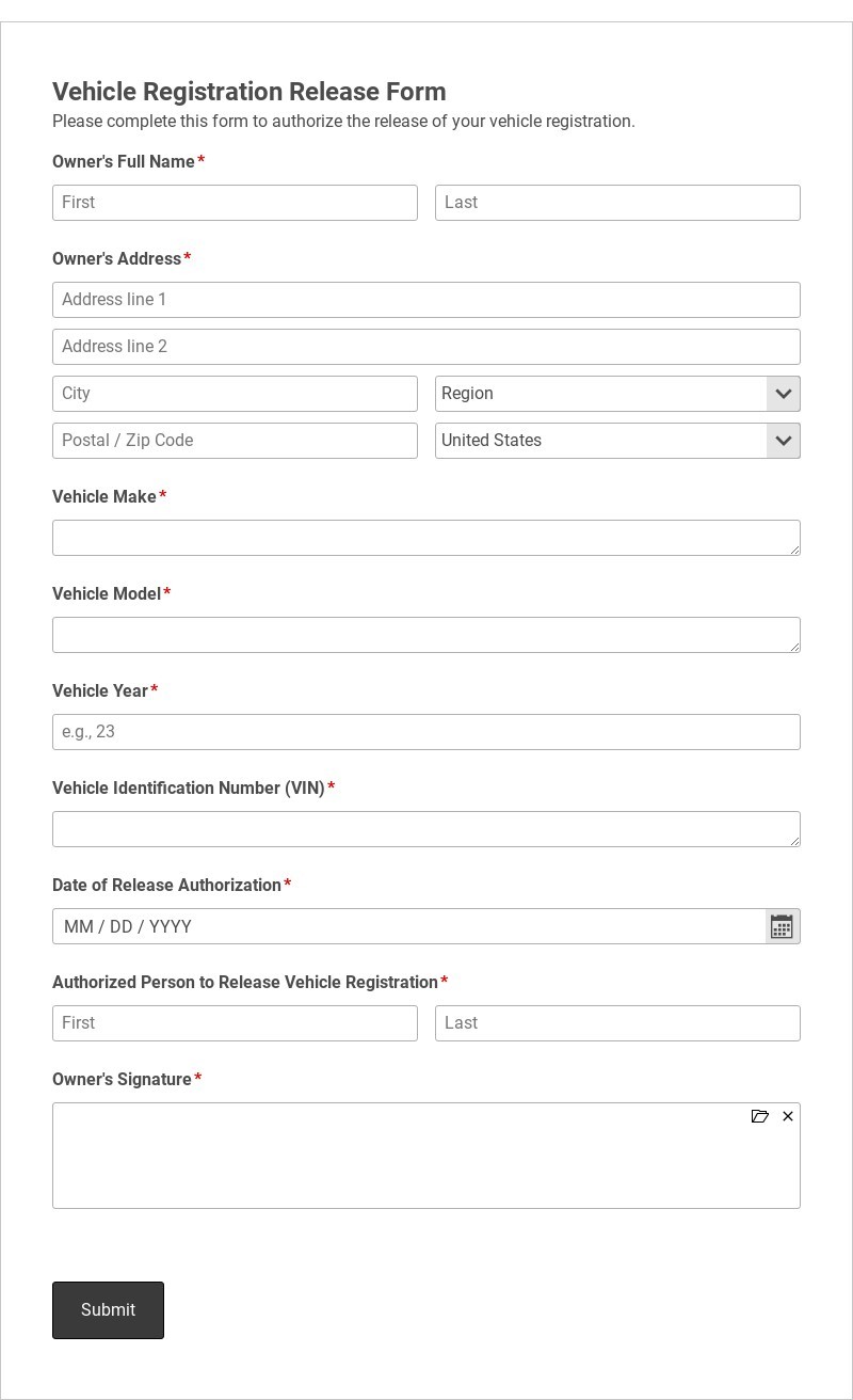 Vehicle Registration Release Form Template form template