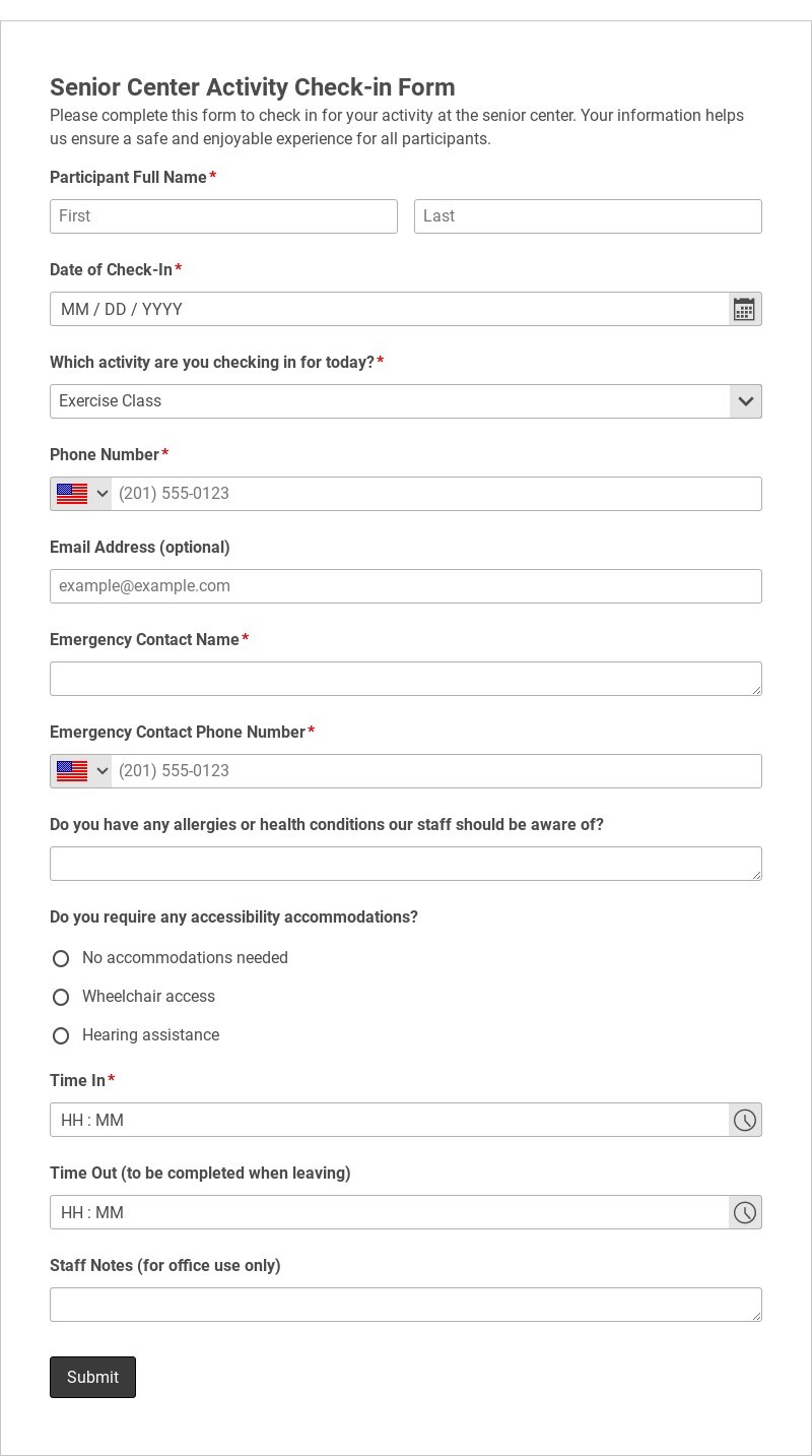 Senior Center Activity Check-in Form